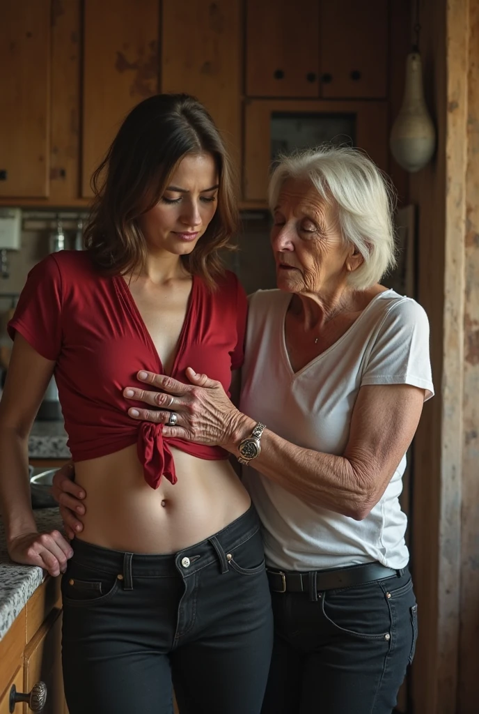 Create a photo of a 30 year old young woman, with long light brown hair with strands of hair on the face, slender and beautiful body, wearing jeans, no bra with bare breasts, with fair white skin lying with her back to the camera with her arms behind her on her lap while being spanked in the ass by an elderly black lady, dark-skinned, obese, ugly, low, with short hair who is wearing a blue dress and glasses