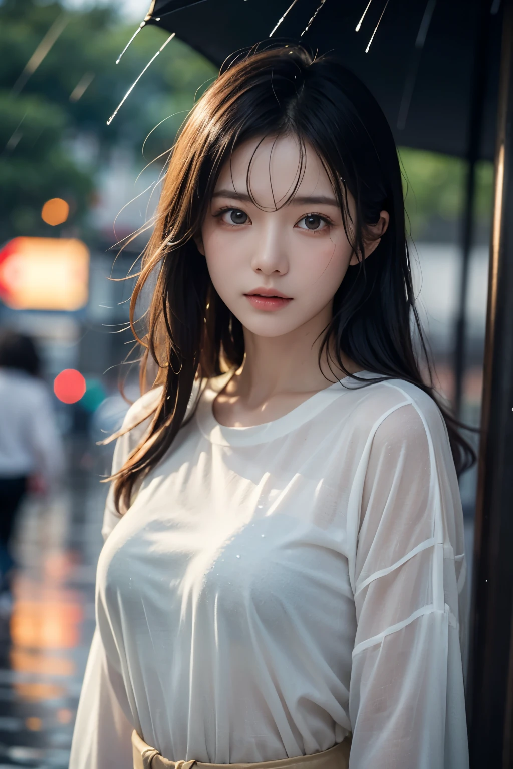 (((best quality))),(((ultra detailed))),(((masterpiece))),illustration,((1 beautiful girl,solo)),(dancing pose:1.3),((slim,thin)),short ponytail,((small breasts,flat chest)),floral collared short-sleeved shirt-dress,slender legs,rainy night, heavy rain, drenched clothes, melancholy expression, solitude, tear rolling down cheek, wet hair, empty streets, dimly lit, deserted environment, sound of rain, footsteps, symbol of hope, abandoned, resilience, determination, walking in rain, heartbreak, loss, love fading, loneliness, body language, facial expression, dreary atmosphere, rain-soaked streets, somber mood, viewer engagement,from front,urban scape,night scene,(((wet,sweat,shiny skin))),((from front,upper body)),