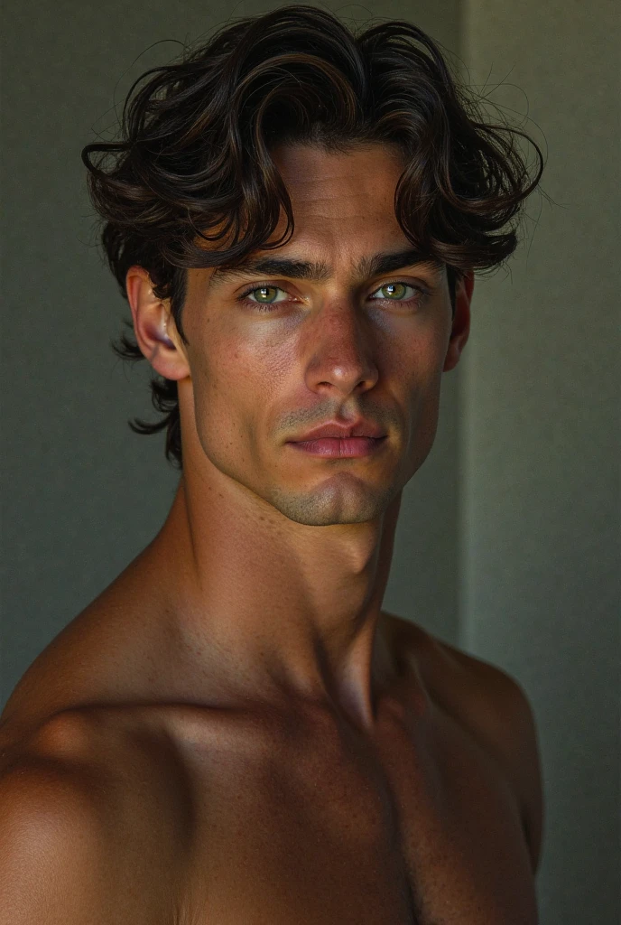 Tall white-skinned boy with green eyes, black hair and muscle