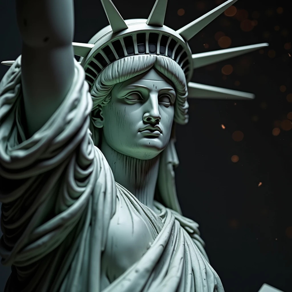 Robotic Statue of Liberty with a microphone in his hand