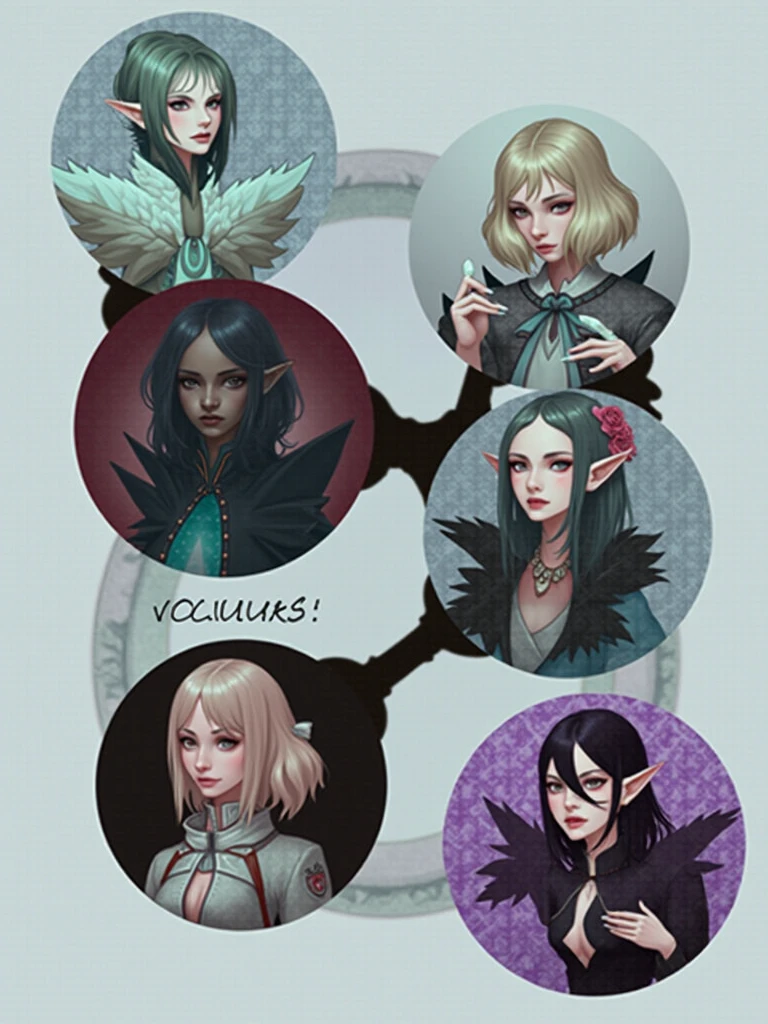 Quality, character sheet, design, positions, woman, long wavy hair, pink hair, blue eyes, elf, dress ,Blue eyes ,Adult, big woman, big , RPG character sheet