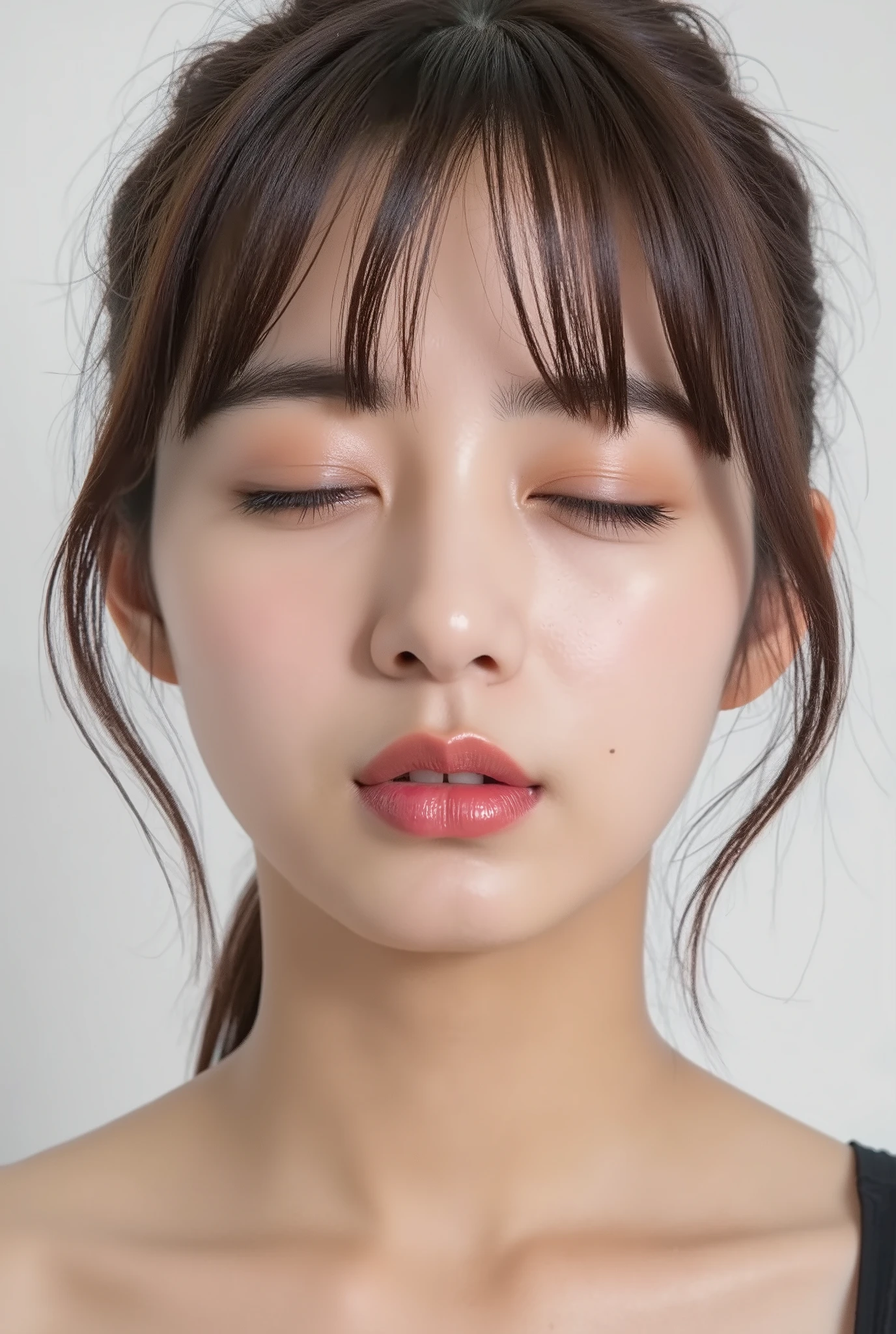 ultra-detailed close-up of a cute and beautiful young woman, collarbone-up composition, white studio background, soft diffused daylight, high-key exposure, clean and vibrant modern color grading, realistic smooth skin with visible pores and subtle peach fuzz, matte facial skin texture, slightly flushed cheeks and ears for a shy expression, big kawaii energy, soft facial features, full glossy lips in a rounded O-shape kiss, lips protruding with intense shine and shimmer, vibrant cherry pink lip gloss as the only makeup, chin gently raised with a subtle upward stretch, camera angle from 35–45 degrees above, face and head perfectly framed, dreamy euphoric smile with eyes gently closed, black camisole strap visible, soft head tilt, hands behind the back and out of frame, ultra-soft background bokeh and facial contour blur to emphasize lips, longing expression, dere-dere mood, cute and loving aura, subtly tilted mouth for added sweetness, youthful and modern hairstyle with airy light layers