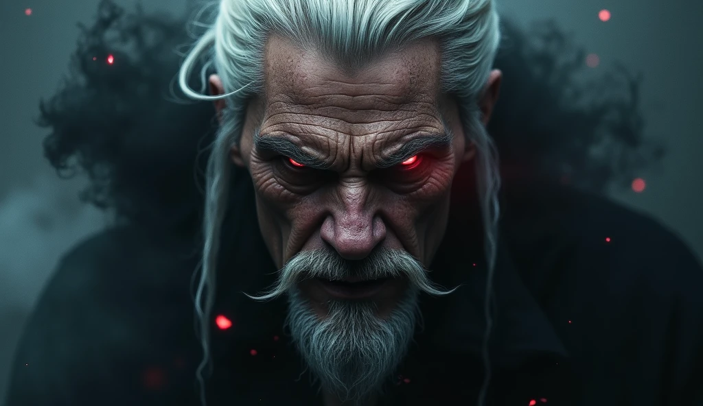 An anime character who is a magic knight, half ice and half shadows, on your face half mask of bones White hair and half mask of bones Show half face with lumberjack beard