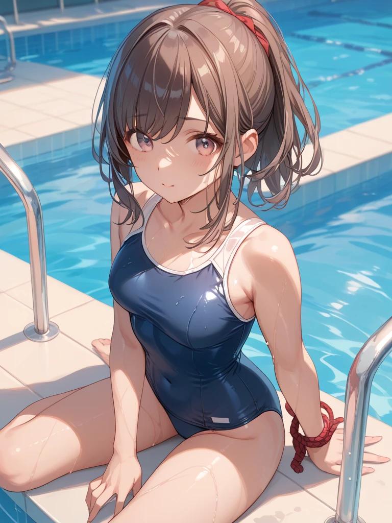 top-quality、Full limbs、complete fingers、Slender beauty、straight haired、Brown hair、Raw feet、White competitive swimsuit、Small eyes、Wet texture、Beautiful Large Breasts、swimming stadium、swimming pools、spectator seats、standing in water、Soak up to the chest、ssmile
