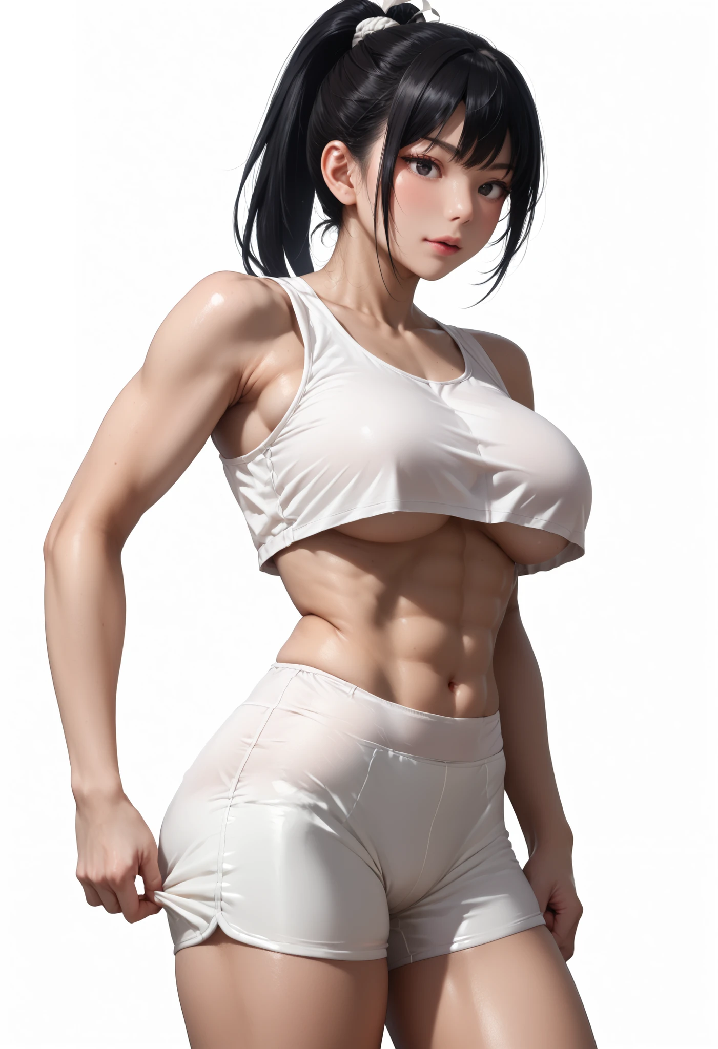 (Street Fighter Chunli),(Chun Li's classic look),(Two hair buns)Chun- li,Muscular woman posing for a photo, Crop top and(Abs), (medium breasts1.2)(Hard),(Sexy clothing 1.2),Fitness woman, Perfect muscle structure, athletic body build, Sexy muscles, Body movement,Attractive body,(Rugged 135 lens,Lower photographic angle,Studio lighting