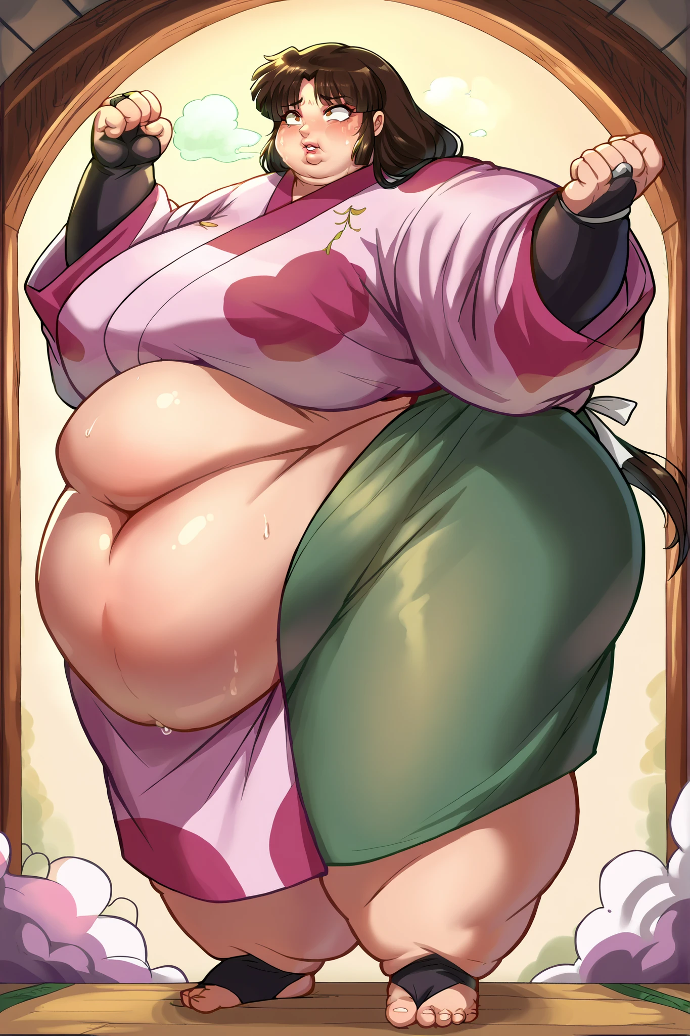 anime screencap, score_9, score_8_up, score_7_up, source_anime BREAK sango, 1girl, solo, brown hair, parted bangs, low-tied long hair, brown eyes, pink kimono, green long skirt, black bridal gauntlets , giant hands, giant feet, fat, chubby, obese, gigantic arms and legs, gigantic breasts, sagging breasts, full body shot, fat face, chubby face, double chins, big lips, swollen lips, sweating, sweat stains, steam clouds, grease stains, flustered, swollen face, Fat_neck , Fat head , eyes with crushed cheeks , nose with crushed cheeks , mouth with crushed cheeks , chin roll