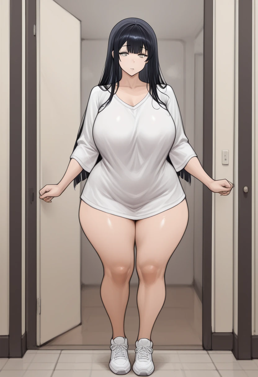 A woman in a black outfit, black hair, long hair, barefoot, strong, curvy, busty, smirk, thick thighs, full-body view