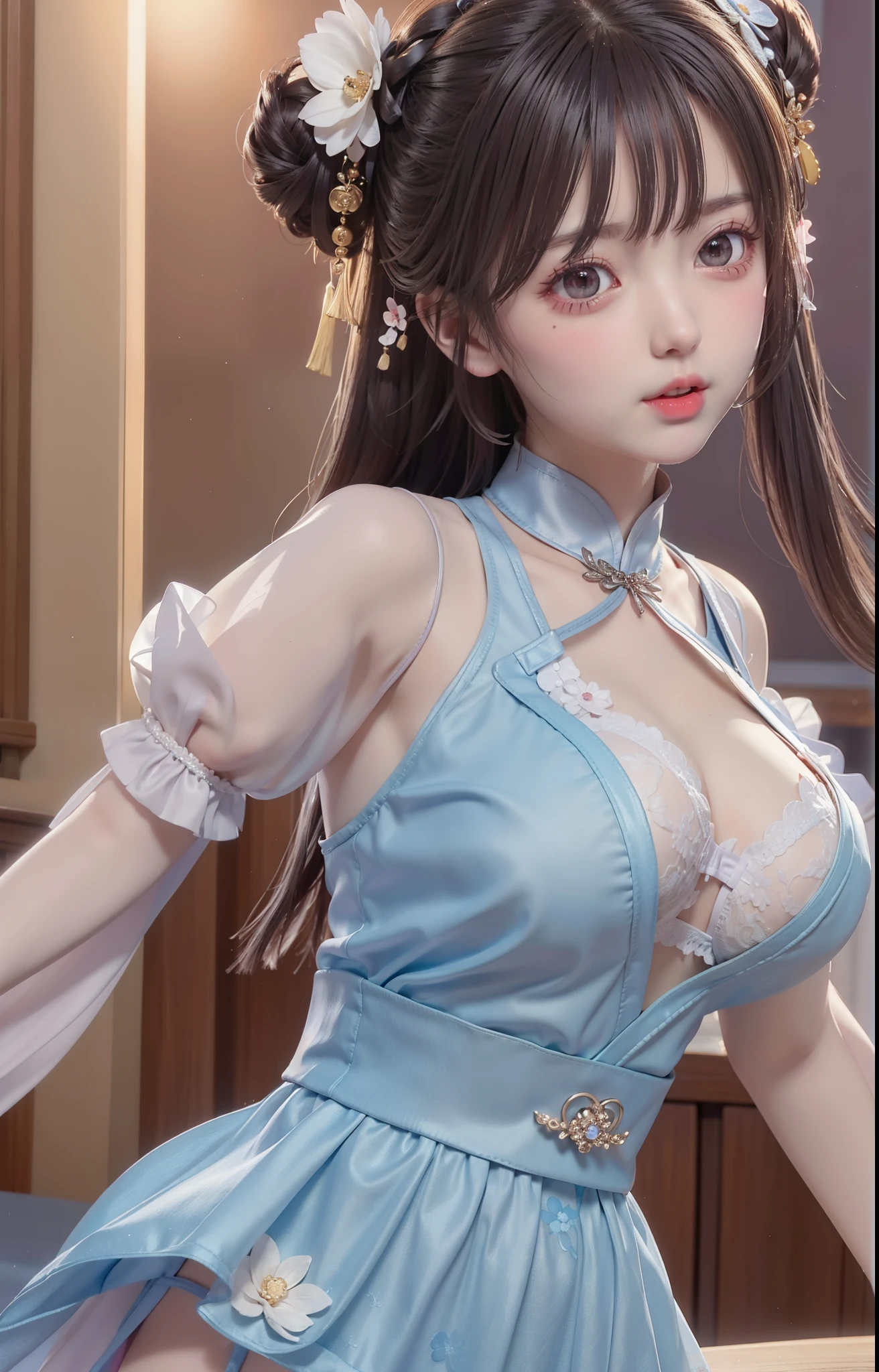 Wet-breasted Hanfu dynasty open V-chested clothes royal, All pictures, Wet body of thin silk fabric, Thin silk lace petticoat,princess 8 yeald old cute, (huge boobs,cleavage),petticoat, white pink, blue ,best qualtiy,tmasterpiece,超高分辨率,(真实感:1.4),RAW photogr,(True skin texture:1.3),(filmgrain:1.3),(Selfie angle),1个Giant Breast Girl,Beautiful eye and face details,tmasterpiece,Best quality at best,exposing thighs,Bigchest,The chest is more exposed, detailed hair,above looking down facing at camera,short dressPrincess Eyes,Super big eyes,Detailed face,shiny pupils