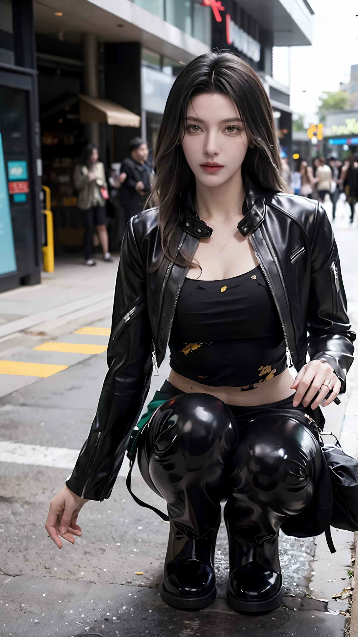 (masterpiece), best quality, HD, 4K, perfect face, black hair, leaked cum, socks, yellow eyes, hetero, torned dirt leather Jacket, hairband, black long hime hair, hime cut, arrogant assassin, collarbone, prostitution, muscular, knee, ABS collarbone, dirty booty, shoes, Masterpiece, best quality, amazing quality, beautiful face, perfect face, (botox lips), tall, slender brunette, who wears tight leather pants, milf adult, a corresponding leather jacket unzips her leather jacket, revealing her cotton sports bra and bare stomach underneath, buying groceries, angell, she removes the jacket to reveal her bare stomach, ((green cat eyes lens)), ((mall background))