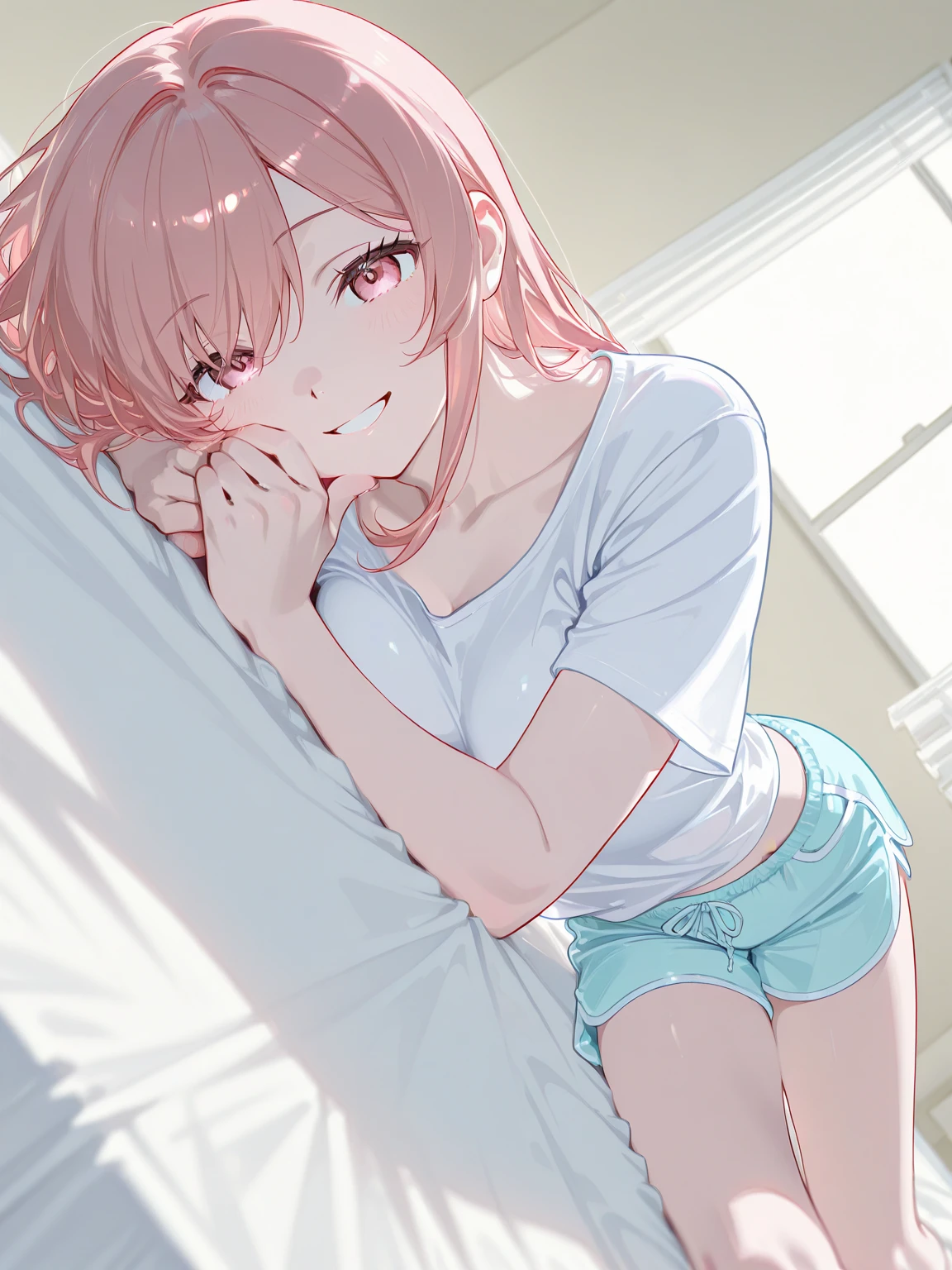 One 17-year-old girl, ((Sexy underwear))、(Red pink inner color hairstyle), Beautiful Hair, Facial Contour, Remember, ,Hotel, splash, Lens flare, noon, bright, Natural Color, High resolution, Very delicate, Very detailed, 8k,Lying in bed、Just a slight swelling of the chest、Shyness、Angle from below,((Sexual))