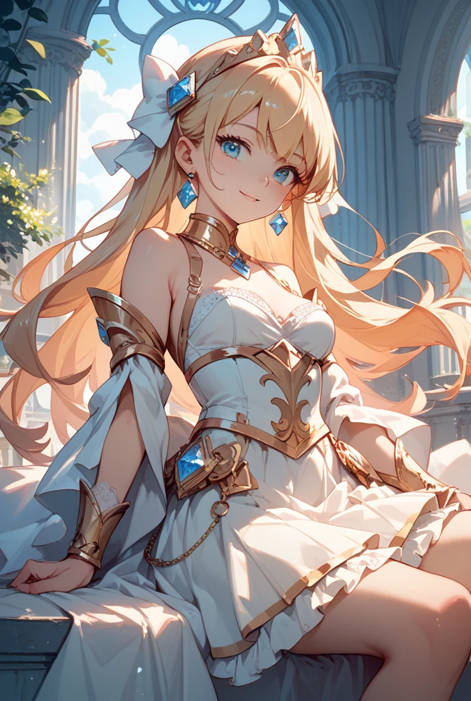 ((masterpiece)), ((high quality)), female, Young Adult, shoulder length blond hair, flower in hair, deep blue eyes, cute, perky, white princess outfit, standing, looking at you, castle background, sunny outdoors, birds flying