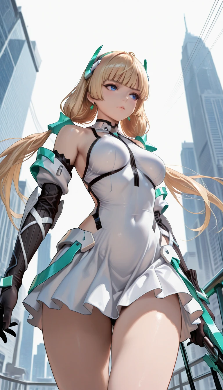 1girl,solo, light smile,huge breasts, deva battle suit,gloves, very long hair,outdoors,
blonde_hair,long hair,hand on own chest, heart-shaped pupils, light smile, headgear,skin tight, low twintails,