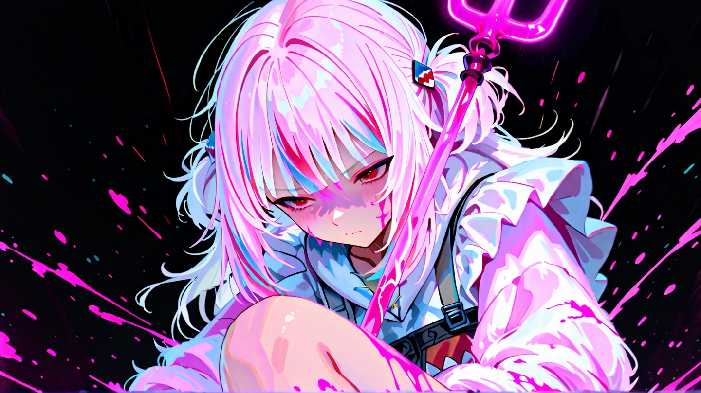barefoot，1 girl ，pink hair，red eyes，The colors are pastel，smirk，The corners of the eyes are bloodshot，Open wounds，There is a knife in the hand，There is blood on the mouth，yandere，Blood-colored pupils without protruding pupils