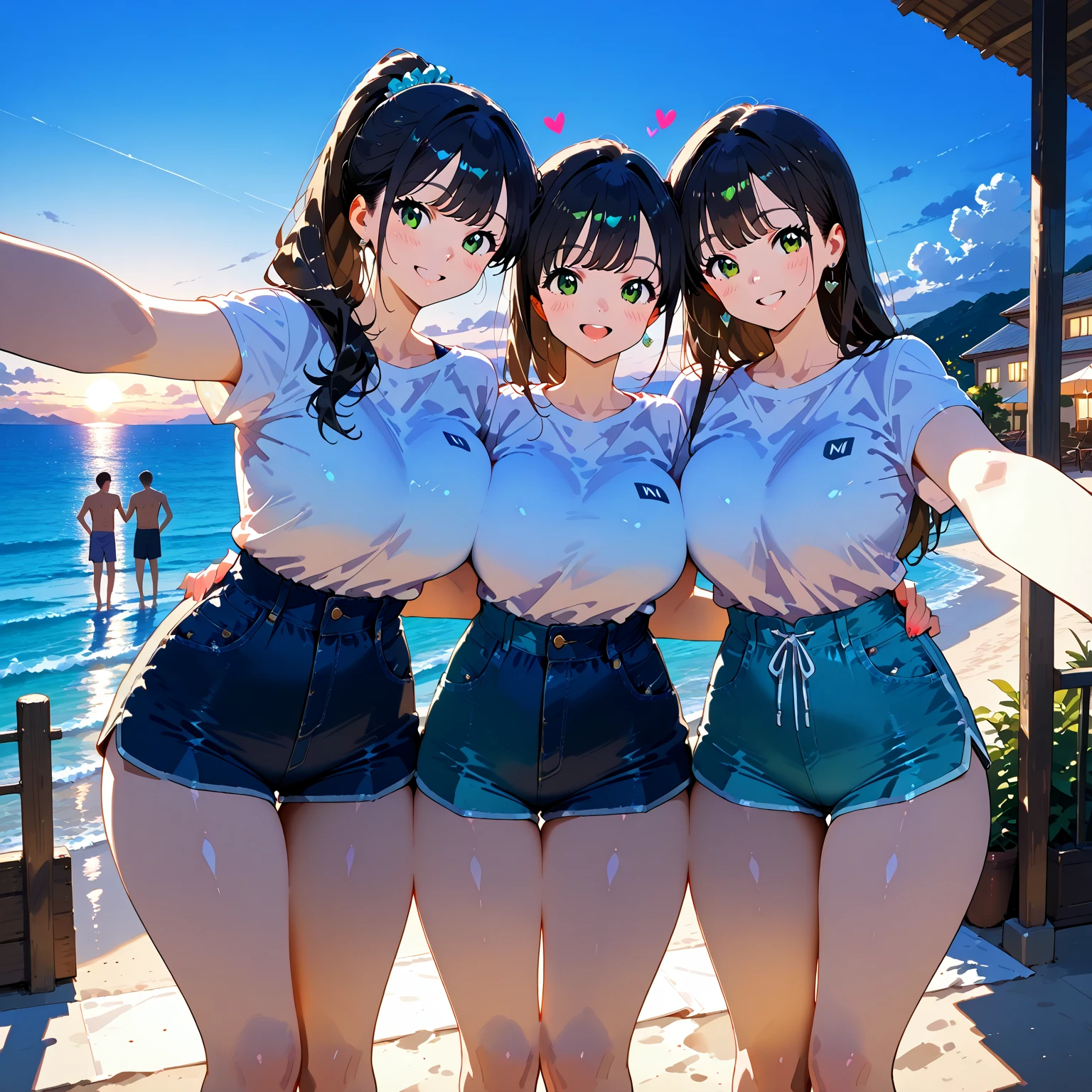 Highest quality、High resolution、Detailed Background、(Beautiful face in every detail:1.4)、Detailed facial expressions、Anatomically correct、(Detailed eyes:1.2)、Teenage beauty、(Huge breasts:1.2)、cute hair color、Braided Ponytail、Braided bob cut、Braided twin tails、Perfect body line、
cute gesture、Innocent joy、A fun atmosphere、In a joking manner、

(Three beautiful girls having fun taking a selfie together with their friends:1.5)、

Odaiba Seaside Park is a park by the sea where you can take selfies with the Rainbow Bridge and Tokyo Tower in the background.、
You can take selfies at Sensoji Temple&#39;s Kaminarimon Gate and Nakamise Street in a traditional Japanese atmosphere.、
Omotesando is lined with stylish cafes and shops, so you can take selfies with the streetscape in the background.、cute