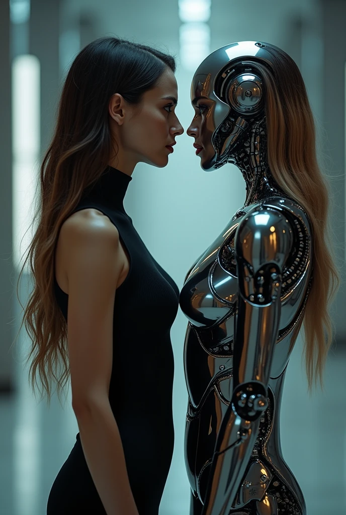 A stunning and sexy woman standing face-to-face with her identical doppelganger — one is a beautiful, realistic human female in a tight elegant outfit, with long flowing hair, soft lighting, high-resolution photographic detail — the other is a sleek and futuristic female cyborg, with glowing eyes, visible mechanical parts, cybernetic limbs, and a metallic sheen — both are in the same pose, split lighting, dramatic background, cinematic style, 8k, ultra-realistic, highly detailed.