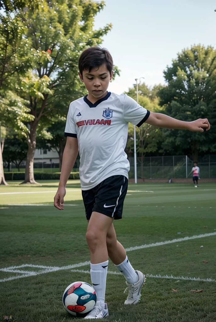 Boy plays soccer in rain