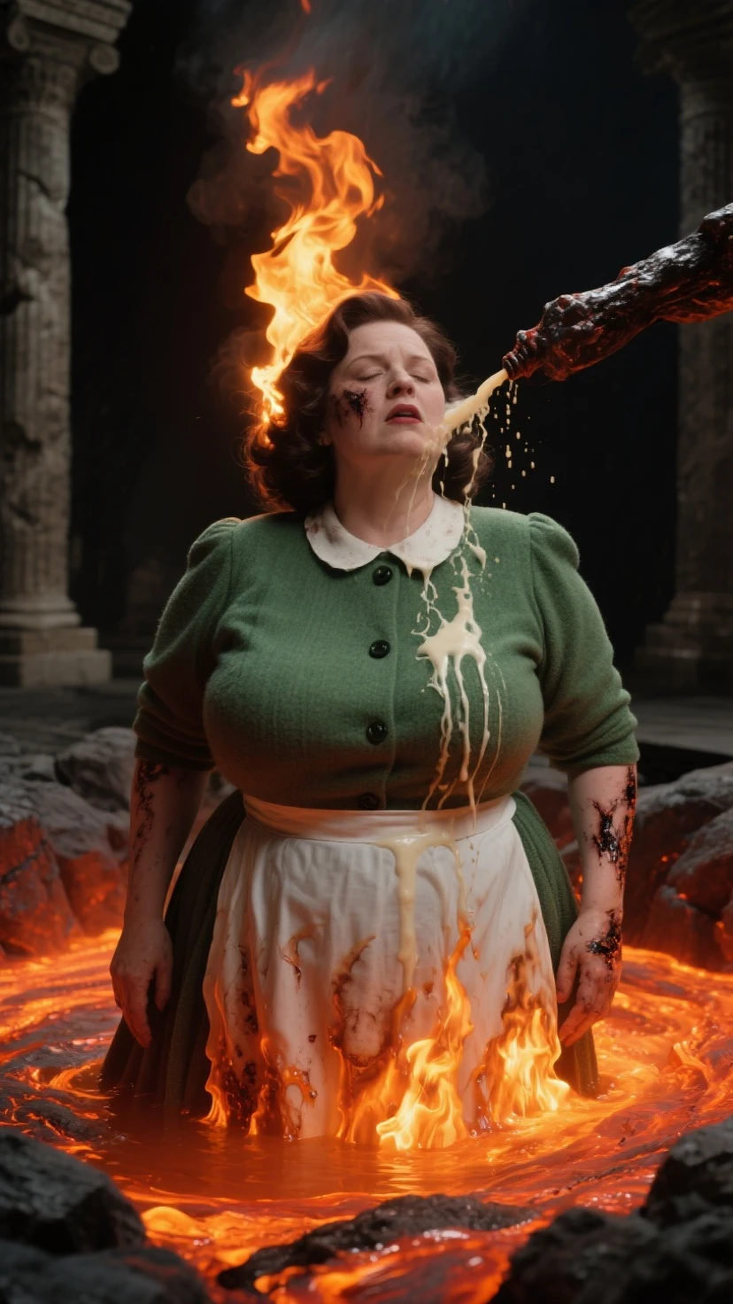 Completely naked., with bound hands actress Melissa McCarthy sits in a cauldron of boiling water, on her bare breasts, octopus sit, disheveled hair covered with oil, face wet with sweat, carrots sticking out of her mouth,