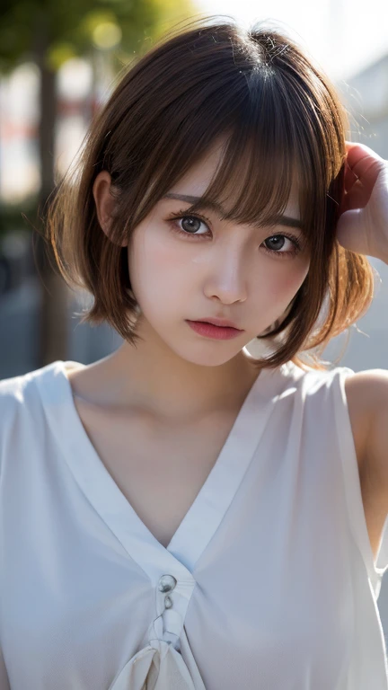 ((perfect anatomy:1.5,realistic:1.3,RAW photo:1.3,masterpiece、highest quality、Ultra - High resolution、High resolution、Detailed CG、8K)),cowboy shot,1 female,alone,dancer,18-year-old、high school girl beautiful girl,Japanese,((beautiful detailed face and eyes:1.2,big and gorgeous eyes:1.2,gray eyes)),dark brown hair,short bob hair,bangs,medium breasts,slender body,small head:1.3,skinny,(oily skin,glowing skin,shiny skin、Sweat),、plaid pleated mini skirt,on the road,Harajuku、Tokyo、