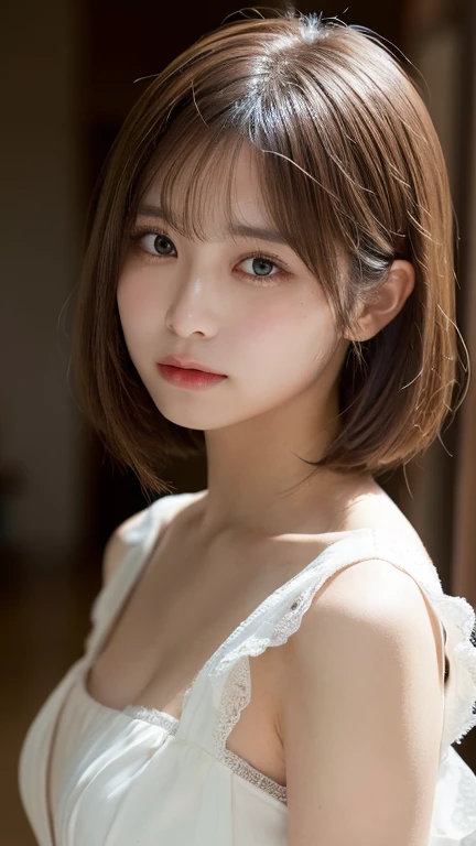 Woman standing upright facing the camera、Emphasize the cleavage、lightly dressed、exposed、thin white shirt、(highest quality,masterpiece:1.3,超A high resolution,),(super detailed,caustics),(Photoreal:1.4,RAW shooting,)ultra-realistic capture,very detailed,High definition 16K for human skin、 Natural skin texture、、Skin looks even-toned and healthy、 Use natural light and color,one woman,Japanese,,cute,Grey-haired,((Very short hair)),(Depth of the bounds written、chromatic aberration、、wide range of lighting、natural shading、)、(outdoor lights at sandy beach:1.4)、(hair swaying in the wind:1)、((Very Short Hair))、hair ornaments、Put on your ears、casual hair、((Front-facing shot))、Front view、Expressionless、((Random Silk Camisole
))、((Background 30%Blur)),Beast,『Bronze eyeshadow, bronzer, peach lip gloss, highlighter, mascara, light foundation』、(((Front view))),(((Full-body frontal photography))),((Portrait Photography)),(((Random Pause))),((Free Pose)),((model style pose))