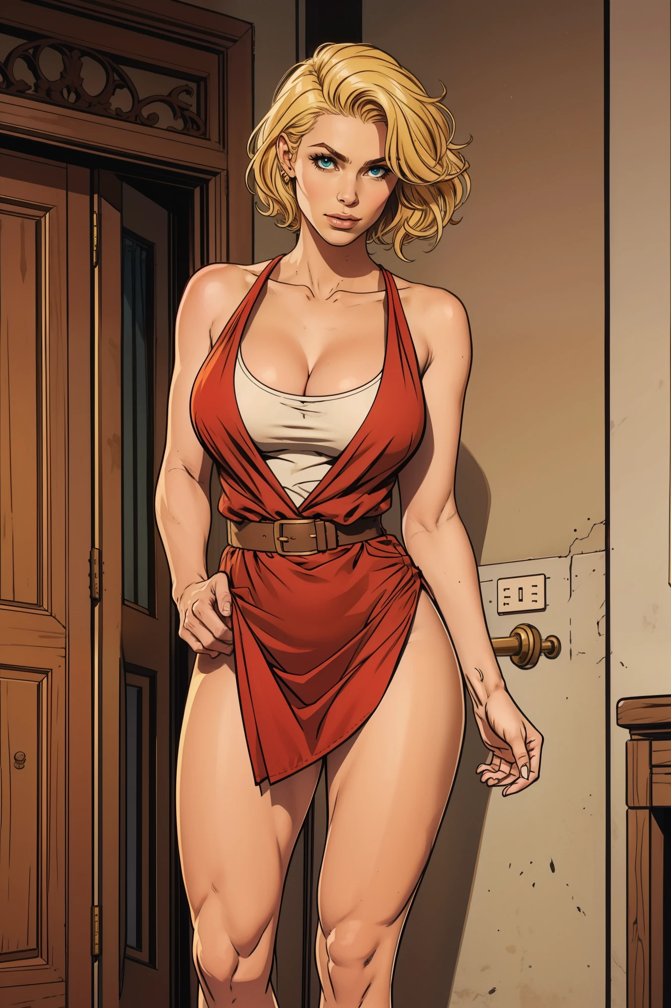 Skyler from breaking bad wearing gown revealing cleavage, pubic toilet, beautiful detailed eyes, beautiful detailed lips, beautiful detailed nose,