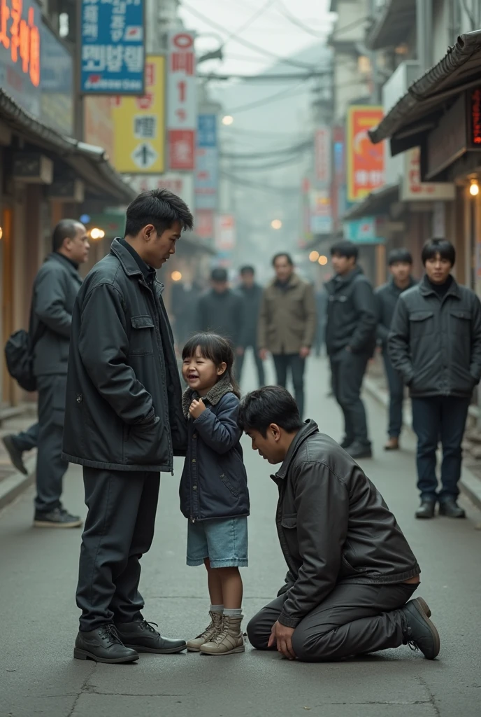 Creat a 18 boy try to talking with 6 older peoples who standing Infront of his , the boy opening his hands and try to explain something, background is a normal road, 8k very ultra realistic