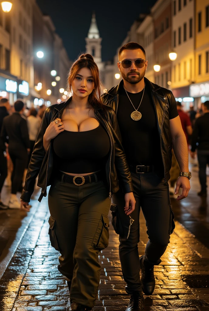 A muscular athletic man in a black leather suit with medium hair and a short beard is talking angrily and frowning at a fat woman with large breasts in a black leather suit from a distance.
That man and that woman have guns in their hands.
City on fire.
At night .