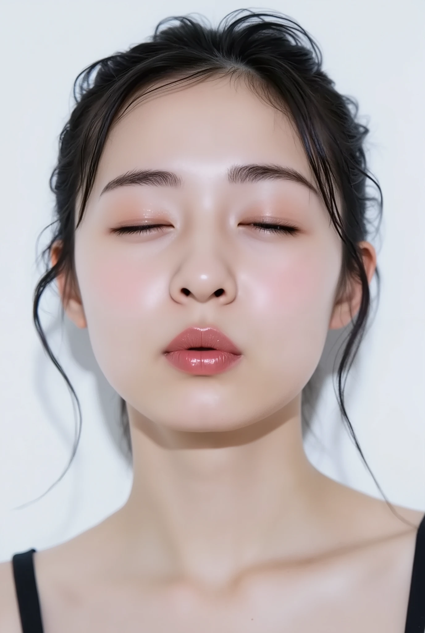 ultra-detailed close-up of a cute and beautiful young woman, collarbone-up composition, white studio background, soft diffused daylight, high-key exposure, clean and vibrant modern color grading, realistic smooth skin with visible pores and subtle peach fuzz, matte facial skin texture, slightly flushed cheeks and ears for a shy expression, big kawaii energy, soft facial features, full glossy lips in a rounded O-shape kiss, lips protruding with intense shine and shimmer, vibrant cherry pink lip gloss as the only makeup, chin gently raised with a subtle upward stretch, camera angle from 35–45 degrees above, face and head perfectly framed, dreamy euphoric smile with eyes gently closed, black camisole strap visible, soft head tilt, hands behind the back and out of frame, ultra-soft background bokeh and facial contour blur to emphasize lips, longing expression, dere-dere mood, cute and loving aura, subtly tilted mouth for added sweetness, youthful and modern hairstyle with airy light layers