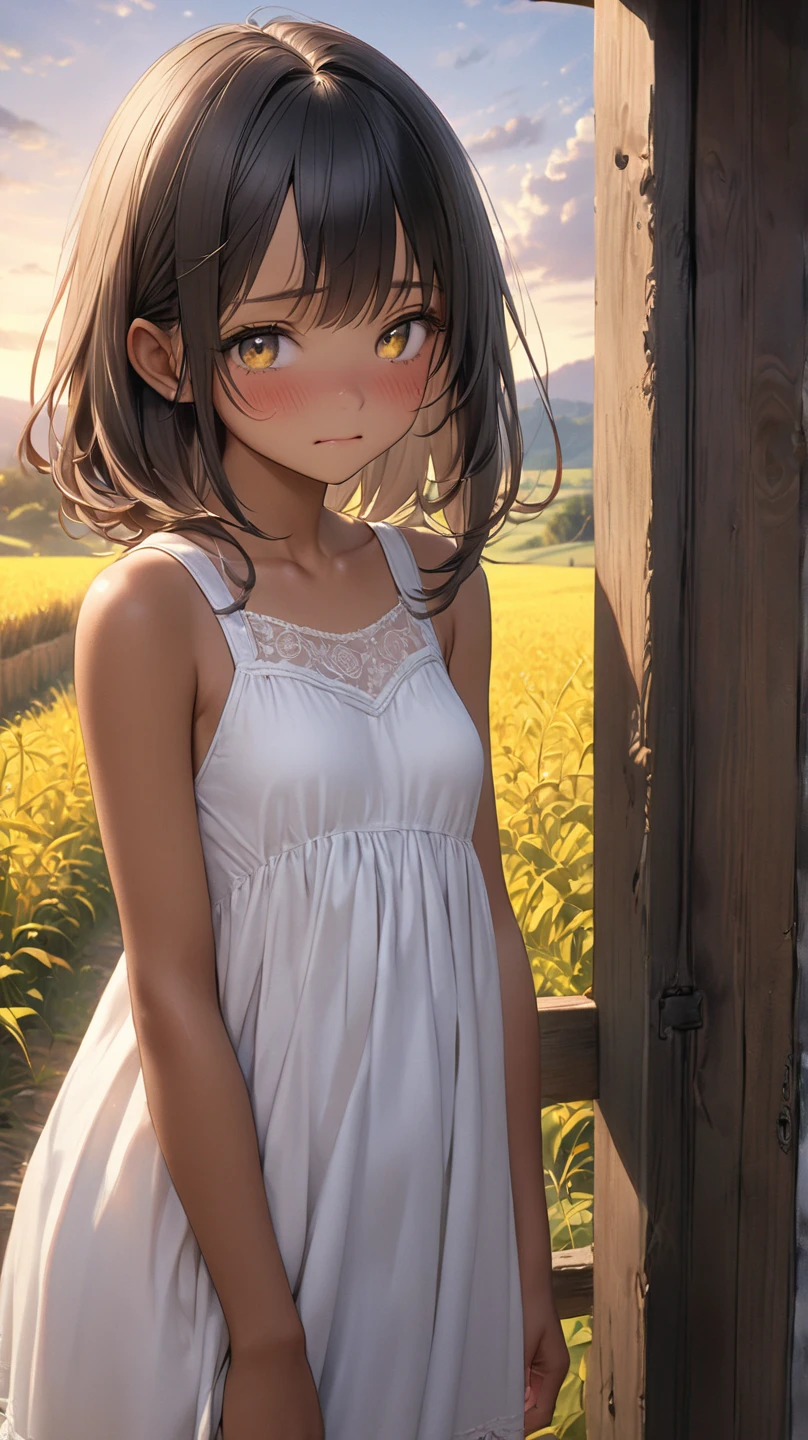 ((masterpiece)), ((best quality)), ((ultra-detailed)), photo background, realistic,1girl, ((full body, sheer camisole)), beautiful nipples, (drooping eyes), (dark brown hair), ((14years old)), realistic, medium hair, asymmetrical bangs, hair between eyes, ((cute eyes)), view from below, (on the rye field),