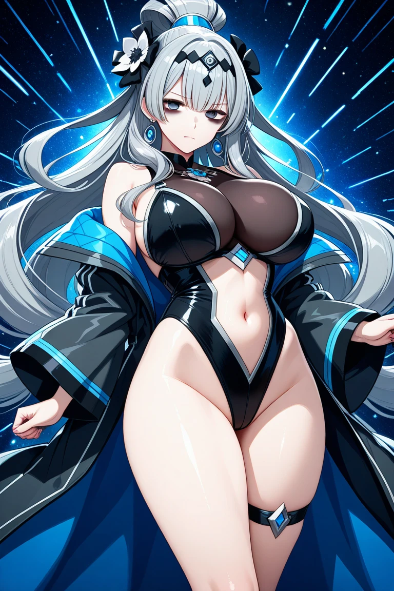 Laquadia,Big Breasts,jewelry,Gray Hair、Long Hair、High resolution、high quality、Long gloves、Blue swimsuit、青いLong gloves、超High resolution, (Film Grain: 1.4)、very, very big breasts、Troubled face、Nipple Pochi、horn、Erect nipples