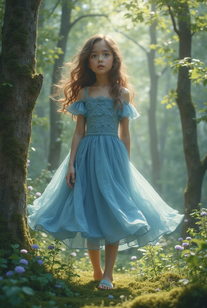 Girl dressed in blue, about 13 years old, beautiful, thin, and with purple Targaryen eyes