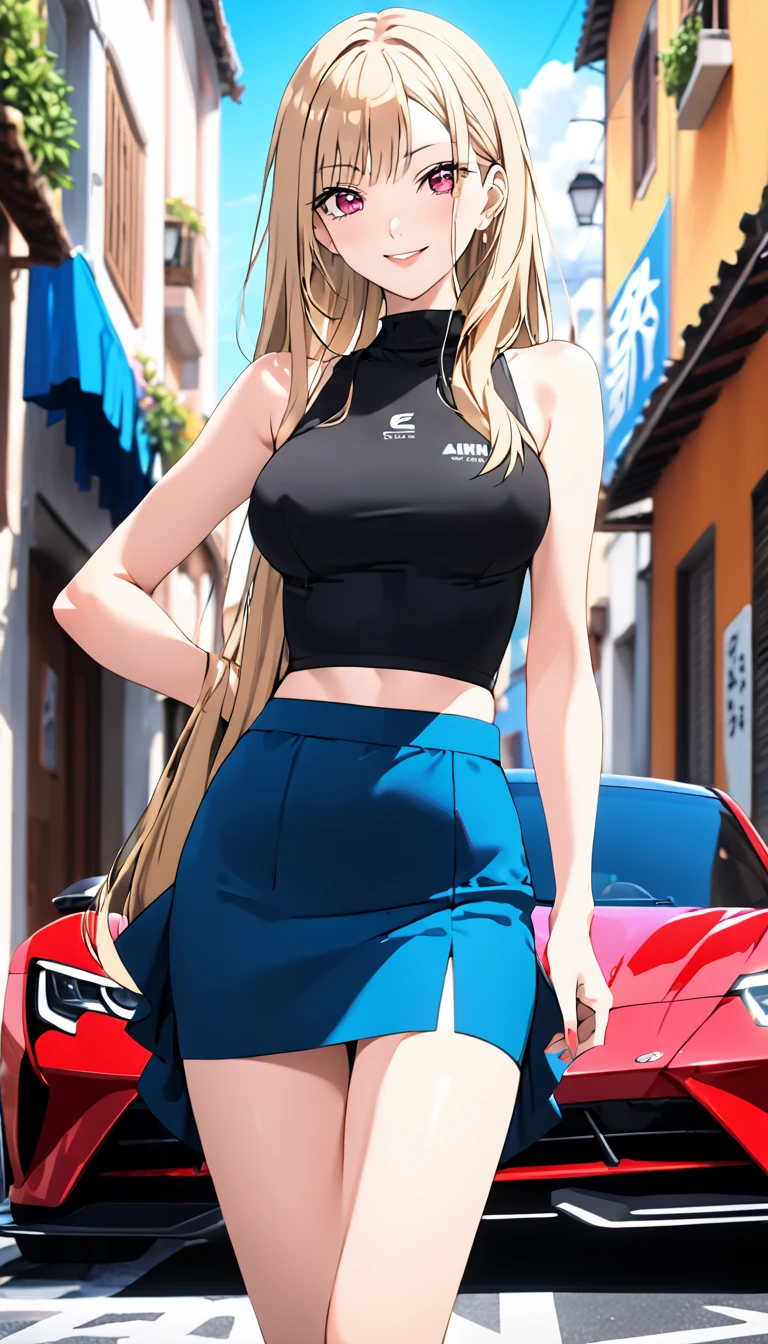 bbest quality, (masterpiece),(ultra-detailed), (high quality), (high resolution), (2heads:1.5) Gal, blonde shorthair, (violet long hair), large breasts, thighs, shorts, cleavage, green mini shorts, blue headband (close shot),best quality:1.5, highres, UHD, 4K), city street background, smiling, blue t shirt over black tank top, ((slim proportions)), black eyes, brown boots, ((full body)), strong girl, exposed midriff