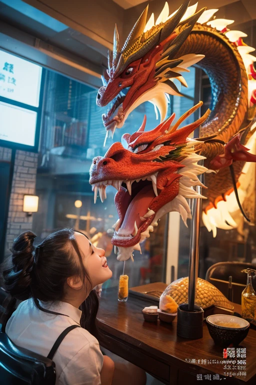 1girl, masterpiece, best quality, making friends with the Chinese dragon, fun, happy, bright, loong,