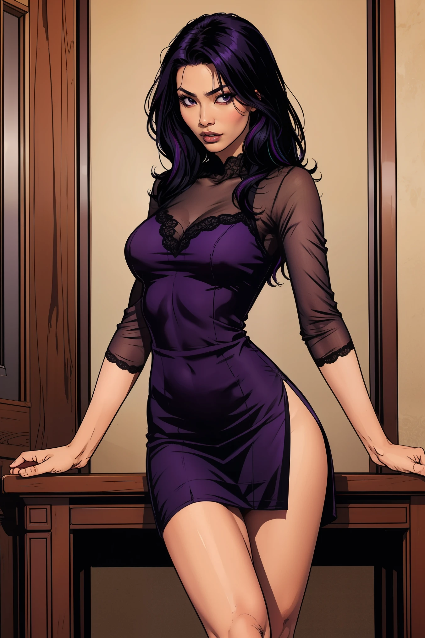(ultra-detailed, photorealistic, best quality, 4k, 8k, highres, masterpiece:1.3), (a stunning and charismatic 50-year-old woman), (milf), ((mature woman allure)), flowing red hair that is meticulously styled, and striking green eyes that captivate attention, Her hourglass body is impeccably toned, slender fit and well-defined curves, (wearing purple silk robes), (black lave bra and thong), Her stands confidently in a lavish, modern penthouse setting with floor-to-ceiling windows, night cityscape view, Her expression is a blend of warmth and sophistication, with a touch of playful charm, The scene captures her poised stance and commanding presence, emphasizing her beauty and elegance, (intricate detail, super finely detailed hands, ultra finely detailed fingers, full body showcase, show full body:1.3), enormous 