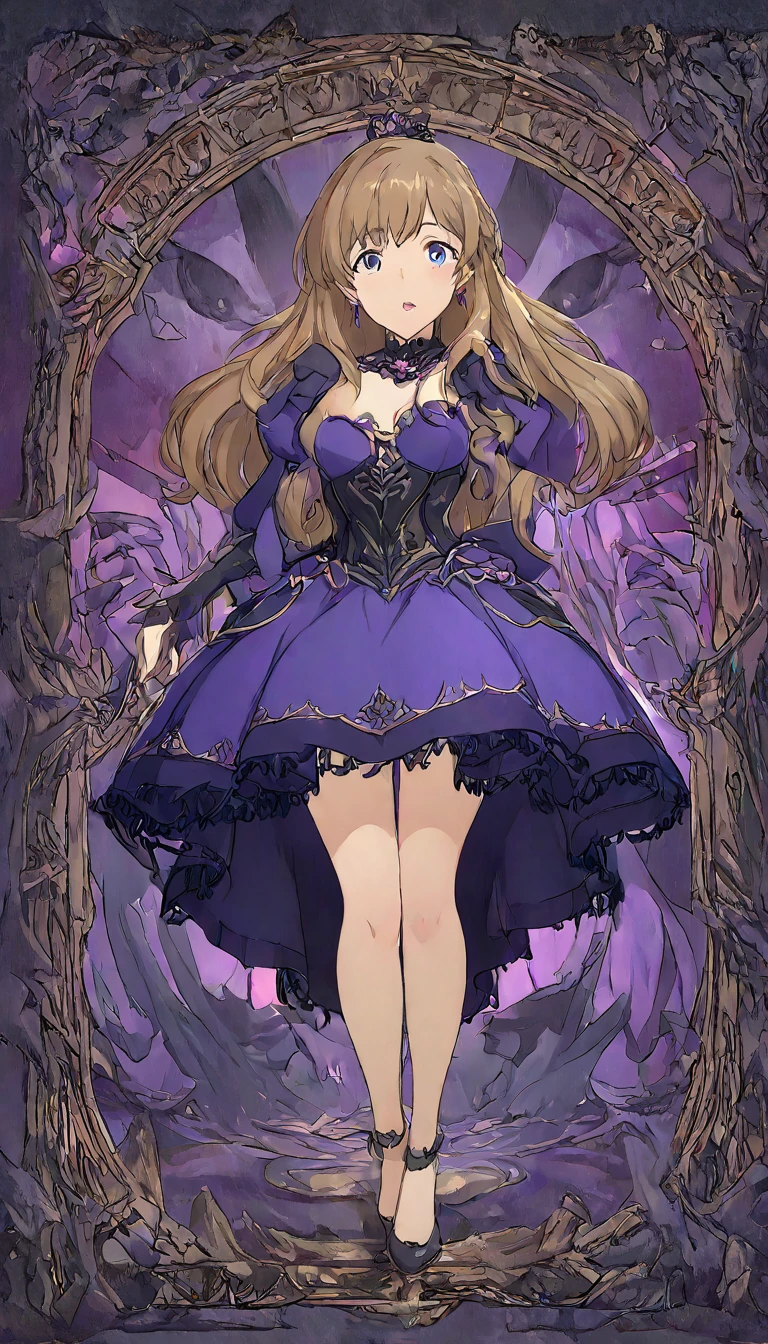 (((one adult woman))),(((yakumo yukari))),(touhou), purple eyes, hat, dress, gloves, purple dress, long hair, blonde hair, ribbon, cleavage, elbow gloves, short sleeves, hat ribbon, bow, red ribbon, mob cap, puffy short sleeves, ribbon choker, frills,(((full body))),(((large breasts))),(((model posing))),(((white background))),(((Diagonal angle)))