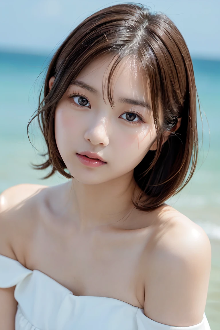 ((Highest quality)),((8K、32k)),(Genuine)、(detailed)、((Beach))、((Bust up shot))、((face closeup))、(White skin)、(Big Breasts)、The best balance between face and shoulder width、Micro Bikini、Shiny Hair、Short Bob、Glowing Skin、Japanese、beauty、Looking into the camera、Thick lips、kawaii、Hehehe:1.2、Shot with a film camera、RAW shooting、#24、Genuine、フォトGenuine:1.4、Photon Mapping、Physically Based Rendering、Perfect Anatomy、detailedなデコルテ、detailedな目、detailedな二重、detailedな咬筋、detailedな鎖骨、Perfect Fingers、Finger Description、(品質 8K)、((White skin))、Avoid mascara、Hair with movement、detailedな毛穴、Natural light、detailedな描写、Blushing、Fine pores、Perfect cleavage、masterpiece、Blushing、detailedな腹筋、sexy、detailedな脇の下、(slender)、(Upper Body)、detailedな目元、1 person、