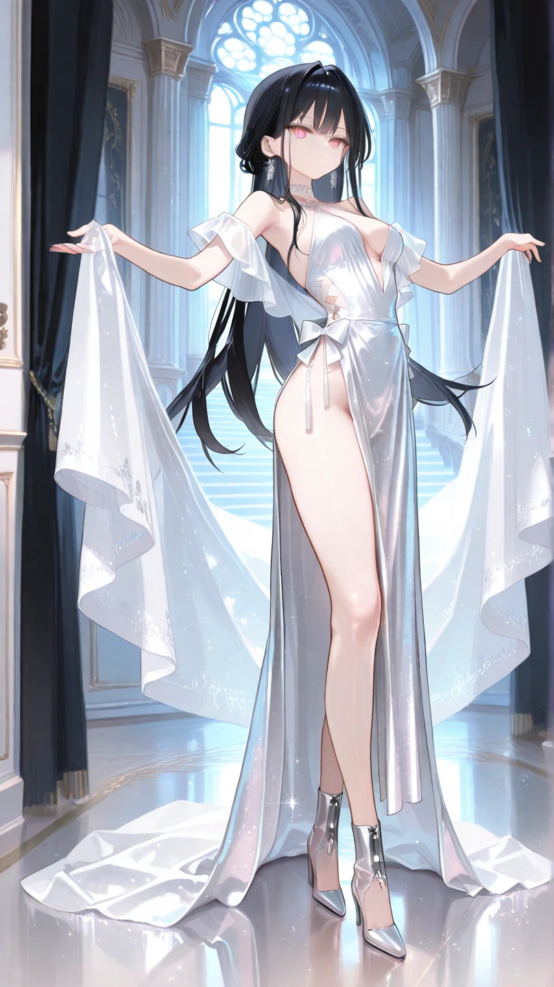 1girl, idmsd, absurdly long hair, antlers, hair on antlers, hair flower, necktie, white dress, clothing cutout, white elbow gloves,,  ((high quality:1.2, masterpiece:1.2)), highly detail,  dynamic angle, rating: sensitive, happy, mile shoot, facing viewer, , full portrait, dynamic signal, mansion,  <lora:IndomitableXLAL-000015v2:1>