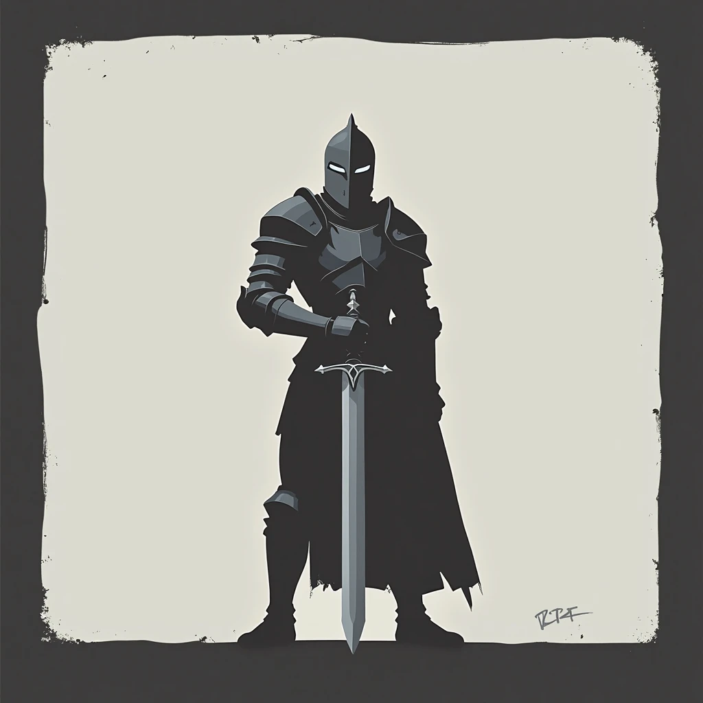NauSKaaValOfWi, monochrome, greyscale, weapon, armor, helmet, sword, cape, holding_weapon, holding, 1boy, full_armor, male_focus, holding_sword, solo, gauntlets, shield, knight, full body