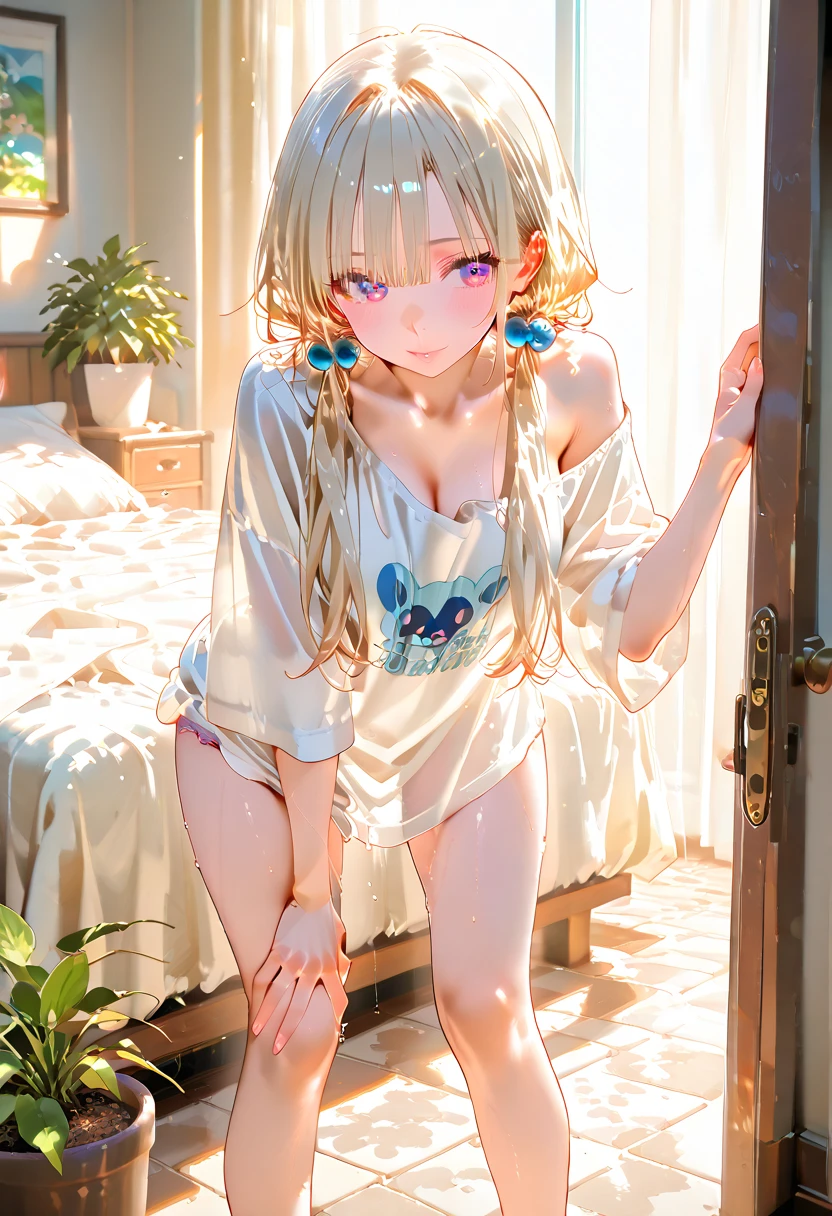 (dynamic angle), in the Living room, sofa, (upper body), completely nude, girl１,pale Light orange Hair, long hair, twintails, hair ribbon,  (ultra-detailed brilliant eyes), (small nipples:1.2), (small areolas:1.2), kawaii, cute, pale purple eyes,(shy), (blush),light smile, (White nude apron lift:1.2),