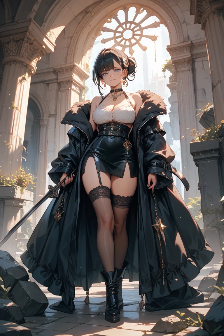 absurdres, RAW photo, extremely delicate and beautiful, masterpiece, Best Quality, ultra high resolution, 32k, hyperrealistic, ultra-detailed, detailed description, perfect anatomy, pale skin, 20 years old, detailed beautiful face and eyes, tearful mole, earring, short medium hair, wavy hair, whole body shot, colossal tits, ((yuri)), Practical pirate clothing, Long-sleeved pirate top, Skirt,