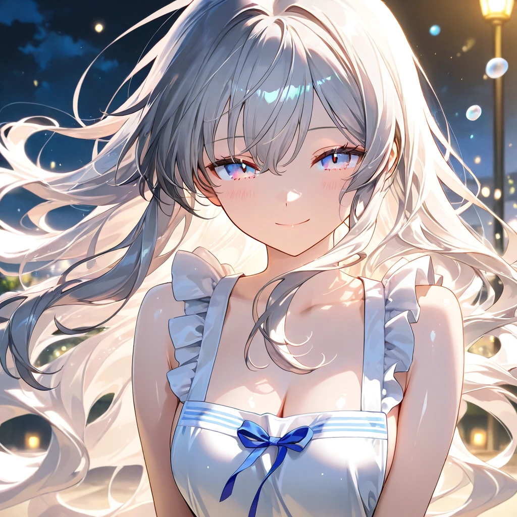 (Upper body only composition:1.4).(paw pose:1.4)、(Composition from directly below:1.5).(Nipples are visible:1.4).(Up Long Hair:1.2).(Sunset:1.3)(nsfw:1.5).(huge breasts:1.6)((Pastel Dress, Transparent body, Transparent dress, Light effects)),(Transparent Purple Holographic Costume:1.5)..Anime holographic pink silver hair white ribbon, , Beautiful character drawings, , Stunning anime face portrait handsome royal sister wolf ears