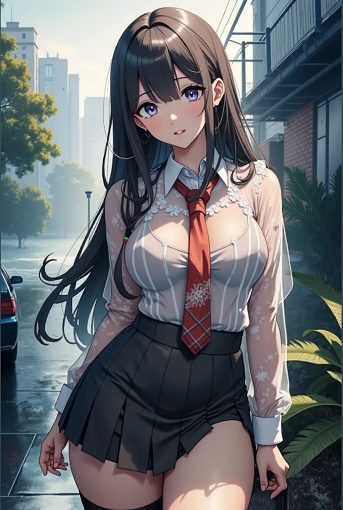 (masterpiece, best quality, ultra-detailed, 8k, wallpaper, photorealistic), (medium shot), beautiful girl, voluptuous body, perfect hands, (hmjy1), (exposed cleavage), (wet long hair), (blunt bangs), red eyes, (Yumeko Jabami), (wet school uniform, wet red jacket, wet black pantyhose, wet see-through white shirt, black ribbon), (a wet black and grey checkered mini skirt, pleated skirt), (one hand at the back of her head), (heavy rain), wet long sleeves, psycho smile, excited smile, open mouth, erotic face, red face, bloodthirsty smile, wet skin, wet pavement