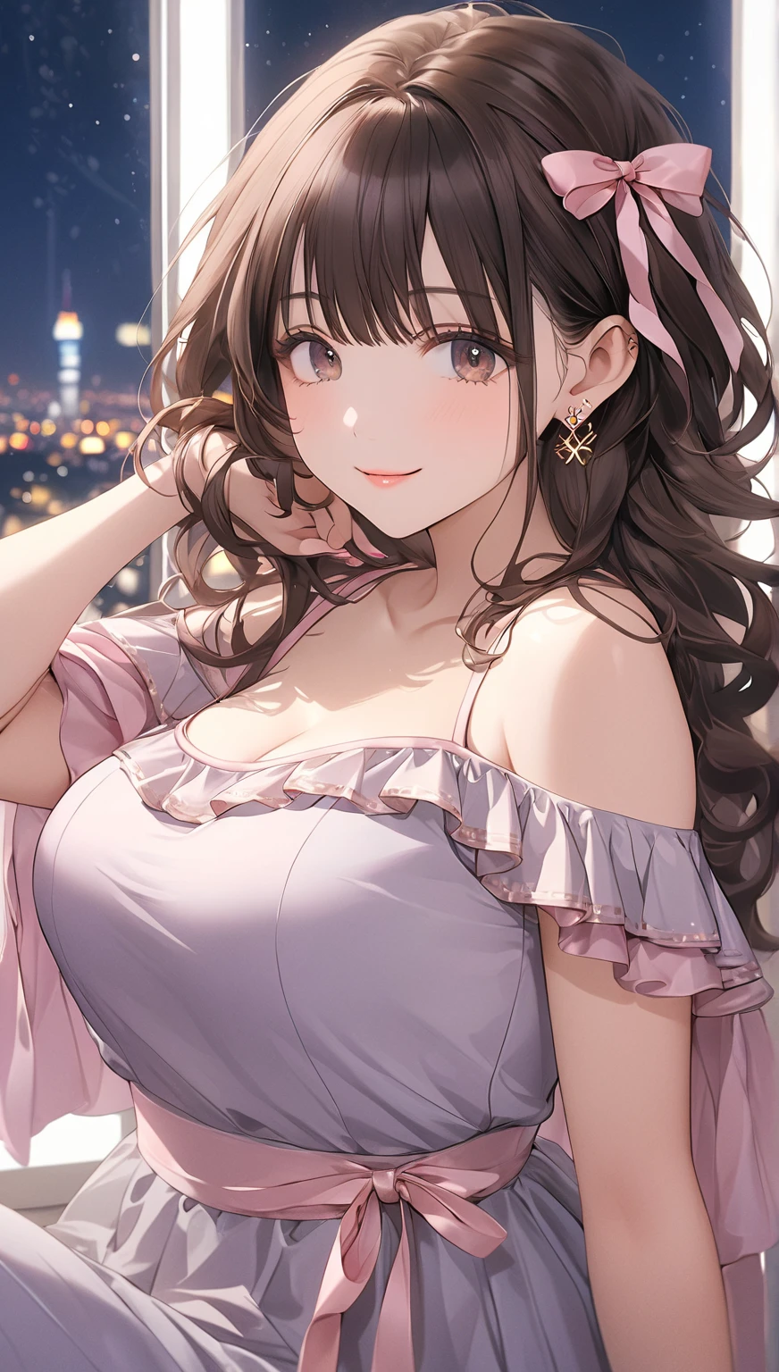 masterpiece, Highest quality, Very detailed, ,Fine details, Anime Style, One Girl, 22 years old, Cute face、bangs, Large Breasts、Big Ass、Tight waist、low angle shot、Long Hair、Beautiful Eyes、Dark brown hair, Shiny Hair, Light brown eyes、Look at the photographer、 とってもCute face, A happy smile、Pleated skirt, lace tops, Looking at a pink dress in a boutique、Shallow depth of field, panties