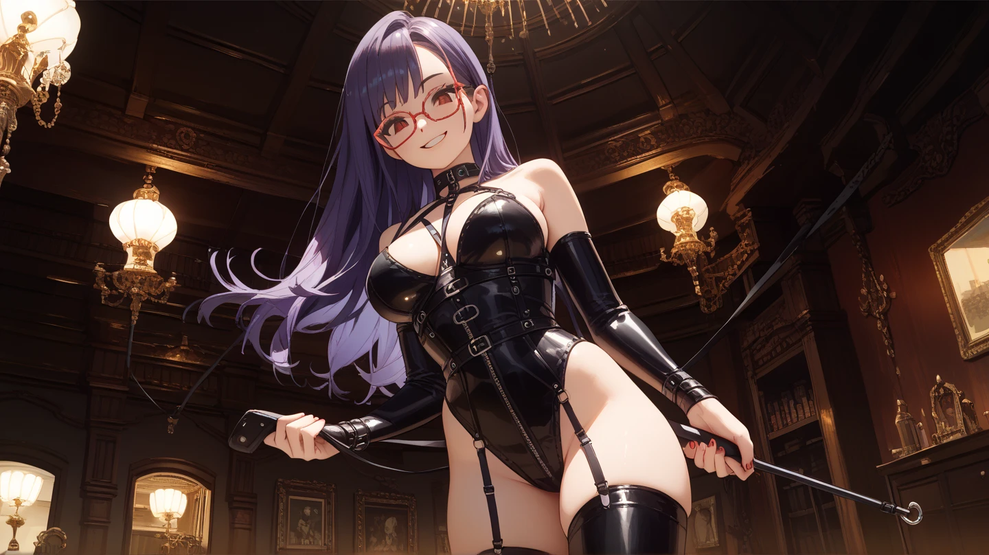 (highest quality: 1.3), (masterpiece: 1.3), (Ultra-detailed: 1.3), (Best Shadow: 1.1)、(One Girl: 1.1)、(Detailed hands and fingers:1.2)、(Ultra-oily, lustrous skin with attention to detail:1.2)、Anime 2D Rendering, Realistic young anime woman, Perfect Face, Beautiful fine details, Beautiful body, Beautiful thighs, (Small breasts:1.3)、Beautiful feet, White beautiful skin, Baby Face、 12 year old girl、 Dark purple hair、(Two Side Up Hair、Red ribbon), Sparkling blue eyes、double eyelid、 (Black choker:1.2)、(Beautiful bunny girl in dark blue gloss:1.4)、latex、(Black Pantyhose:1.3)、(High heels:1.3)、Earrings、(Red-rimmed glasses:1.2)、 Wicked Smile、((Grin))、A pretty face and a charming smile,Turn your face and body towards the viewer、Sexy pose、Are standing、The whole body is visible、Cowboy Shot、