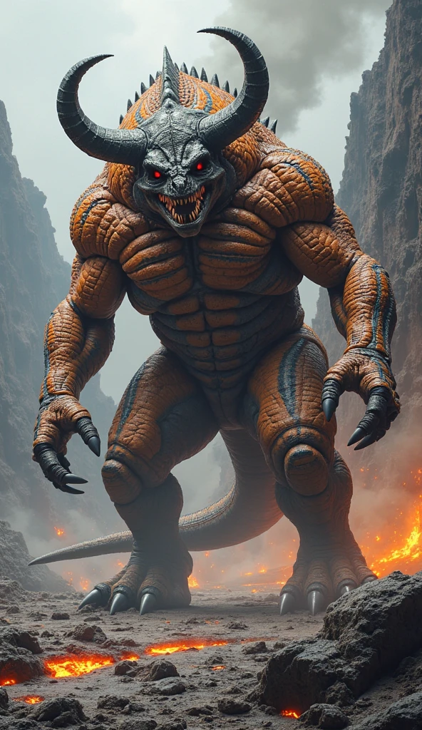 Wingless Monster, Muscular, Male, ((solo)), Pectoral Muscle: 1.2, Big Pecs, Abs, Thong, Big Bulge, Tail, Monster Teeth, (Photo Realistic, Realistic Shadows, High Angle Shot), Claws, Correct Anatomy, Anthro, Furless, High Quality, Best Quality, Smiling, Flexing his arms, Correct Tail Anatomy, Bedroom
