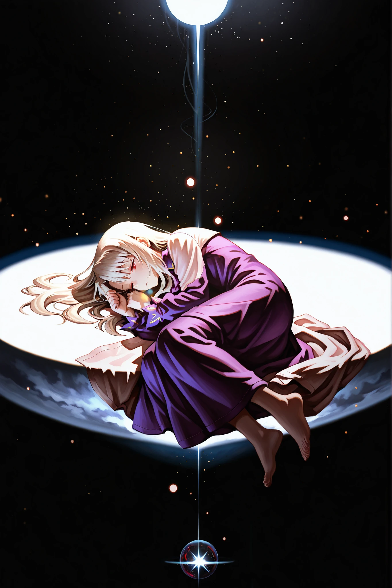 masterpiece, best quality, Illyasviel von Einzbern,Fate/stay night,beatiful shining silver hair,red eyes,purple clothes,fetal pose,deep sleeping,wrapped in sakura light,jet black background,full body,jet black night sky, poetic lighting,ethereal atmosphere,dusk light, backlight,cinematic angle, dramatic lighting, quiet atomosphere,sleepy atomosphere,sleep,quiet world,sleeping world,profile,sleepy,sleepy world,sleepy atomosphere,slightly white light,background slightly blurred,subject focus,very wide shot,