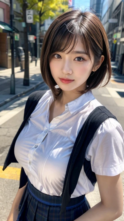 ((top-quality、8K、masterpiece:1.3))、foco nítido:1.2、Beautiful woman with perfect body:1.4、Slim abdomen:1.2、((Layered Haircut、Colossal tits:1.2))、 (Small and beautiful hard nipple) (Thin, damp buttons up to shirt length:1.1)、(Sateen、a street:1.2)、Wet body:1.1、Highly detailed facial and skin texture、 A detailed eye、二重まぶた、sun burnした肌、A sexy、sun burn、Japan school uniform、japanes