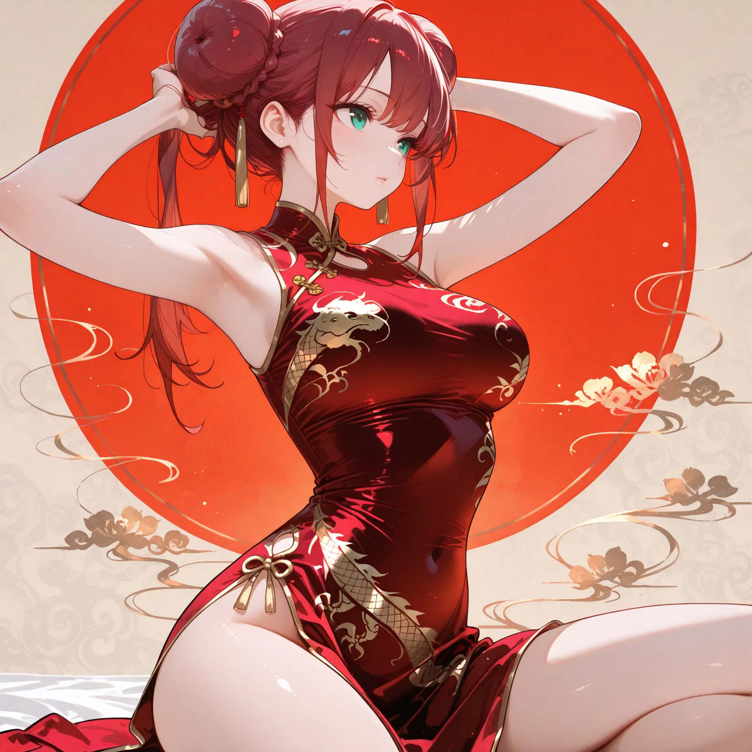 1girl, solo, focalors hat, , (from front view), (blushing:1.3), (peaked breasts:1.6), pov, masterpiece, highest quality, 8k, red silver hair, sfw,hand on chin, confident look, fontain (genshin impact) night sky stars background, Chinese dress, red hair, aqua eyes