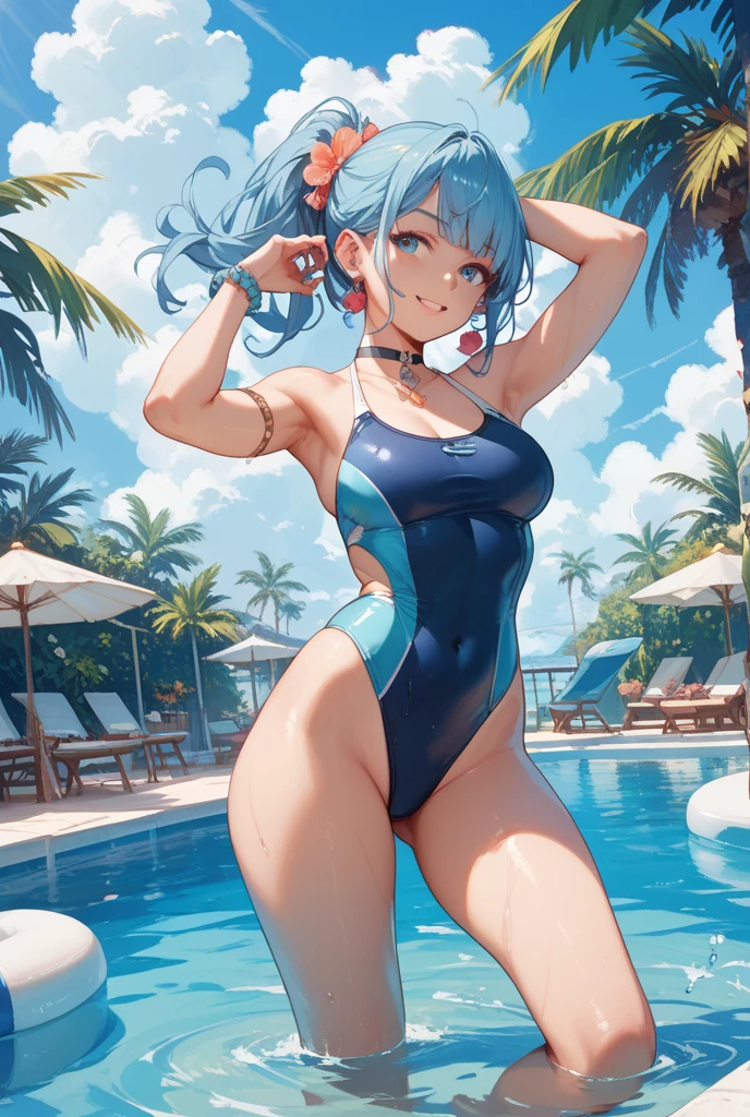 Beautiful fece, masterpiece, top-quality, hiqcgbody, animesque, 1girl in, Medium chest, The bikini, (transparent transparent red swimsuit), portrait shot, Look at viewers, Partially submerged, Outdoor pool, (silber hair),(Feline ears),poneyTail,wetted skin, intricate detailes,>,((coverd)