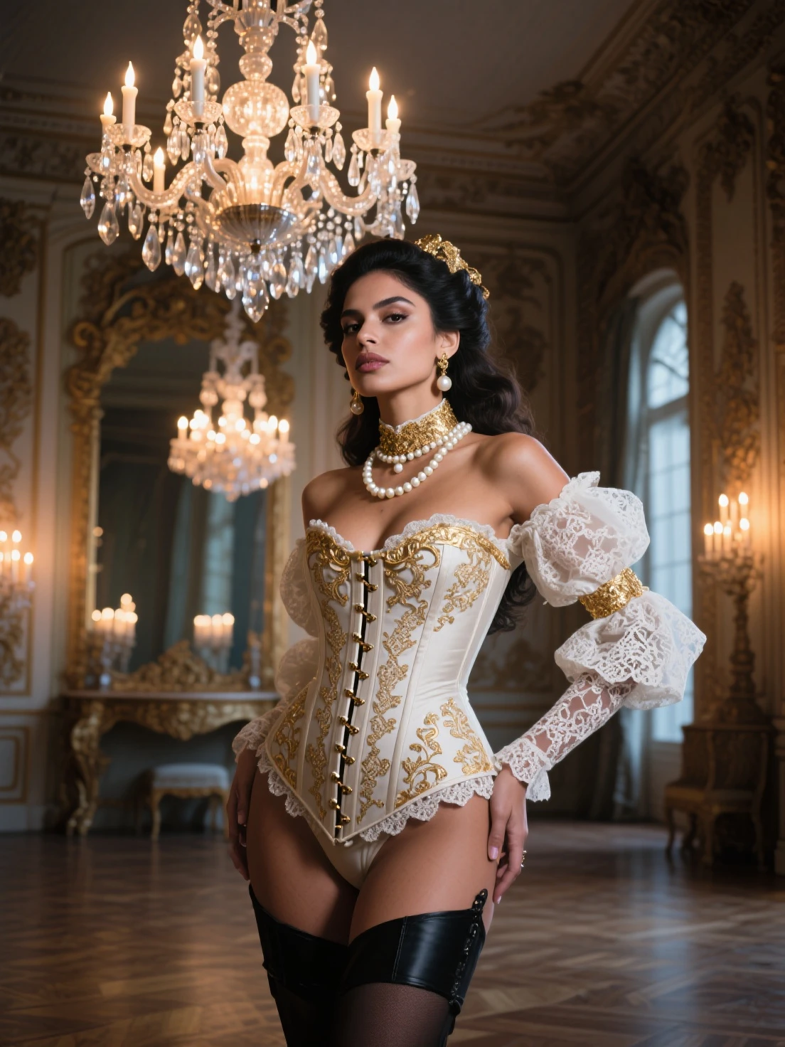 A striking and regal figure of a majestic queen, adorned in a lavish bustier corset that accentuates her ample cleavage and emphasizes her defined waistline. Her voluptuous hourglass figure is on full display, with the corset lifting and shaping her breasts and curving inward to create a seductive hourglass silhouette. Her toned midsection is exposed, hinting at the tight white panties she wears beneath the corset. The panties, accented by a delicate lace trim, hug her hips and thighs, showcasing her curvaceous derrière. Her long, flowing dress drapes elegantly around her, accentuating her hourglass figure even further, with a dramatic train flowing majestically behind her. Her head is held high, with a proud and confident expression on her face, as she stands with one leg slightly bent, offering a teasing glimpse of her alluring white panties. The image is set against a grandiose backdrop of a lavish throne room, adorned with opulent tapestries and golden accents, further emphasizing the queen's majestic presence and stature , photorealism, high contrast, photorealistic, 8k HD high definition detailed realistic, detailed, skin texture, hyper detailed, realistic skin texture, best quality, (photorealistic:1.4), high resolution, detailed, raw photo, photo realistic, (high detailed skin:1.2), 8k uhd, dslr, soft lighting, high quality, film grain, Fujifilm XT3), hyper realistic lifelike texture dramatic lighting unreal engine, even, neutral light, key light, bold, bright colours,