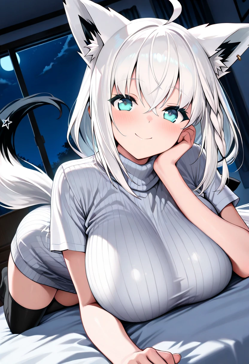 1girl, long white hair, blunt bangs, light pink eyes, large breasts, perfect body slim curves, big lips, parted lips, pastel aesthetic, shy, sensual, wearing plain white cami, wearing white booty shorts, white dog ears, white dog tail, white choker, outside city background, absurdres, high res, ultrasharp, 8K, masterpiece
